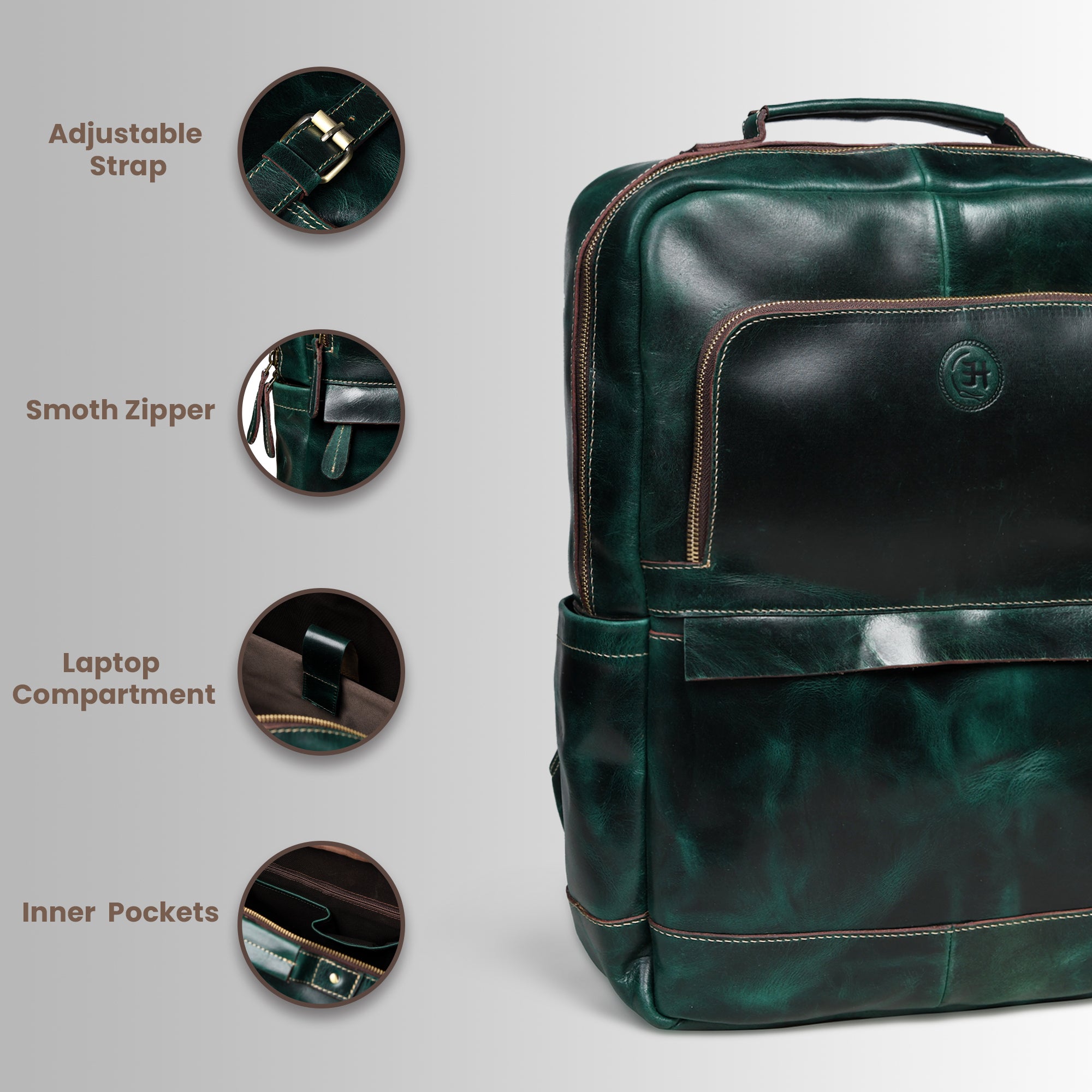 Alpine Vintage Leather Laptop Backpack - Green Colour